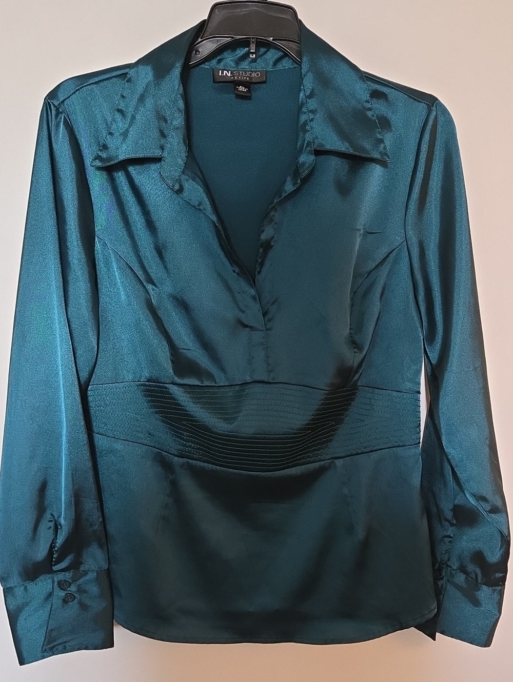 I.N. Studio Teal Satin V-Neck Blouse